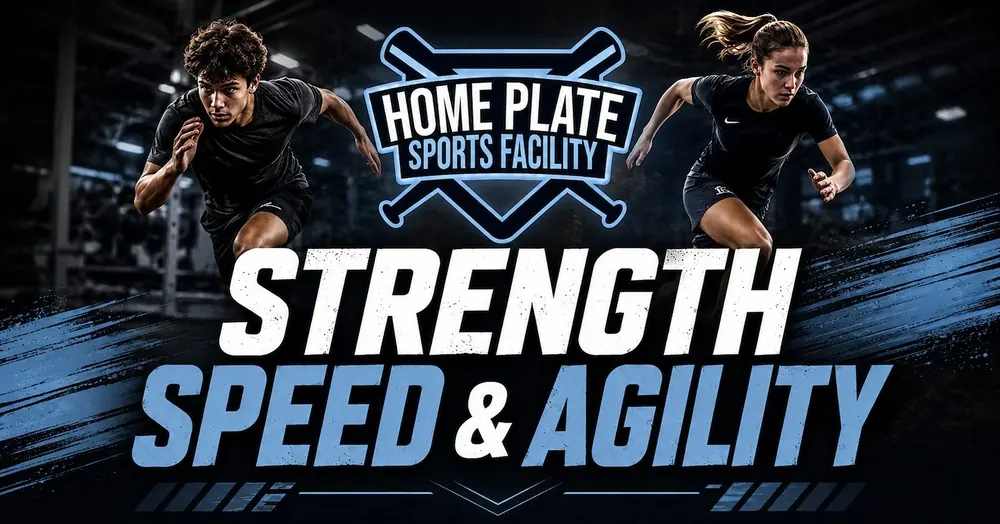 Promotional graphic for strength, speed and agility training with two athletes sprinting