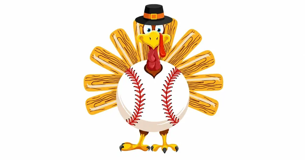 Cartoon turkey holding a baseball, used for the Thanksgiving break camp